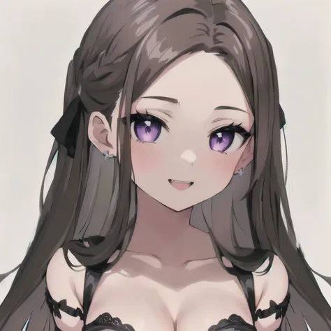 anime girl with long hair and purple eyes wearing a black bra、ahegaoの顔、ahegao、 a seductive anime girl 、 anime girl portrait 、 an...