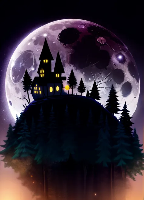 enchanted forest, the full moon rises from behind the hills, moon  night sky, halloween