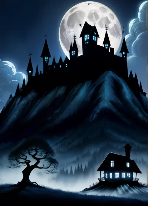 enchanted villagge, enchanted forest, the full moon rises from behind the hills, moon  night sky, halloween nught