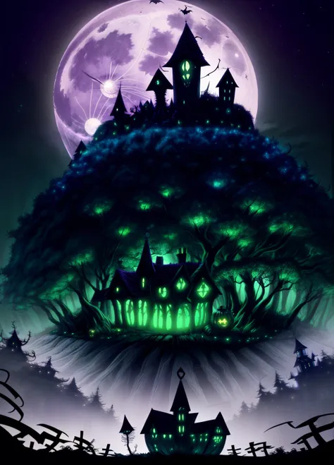 a mystical enchanted village nestled in a lush enchanted forest, the full moon rising majestically from behind the rolling hills...