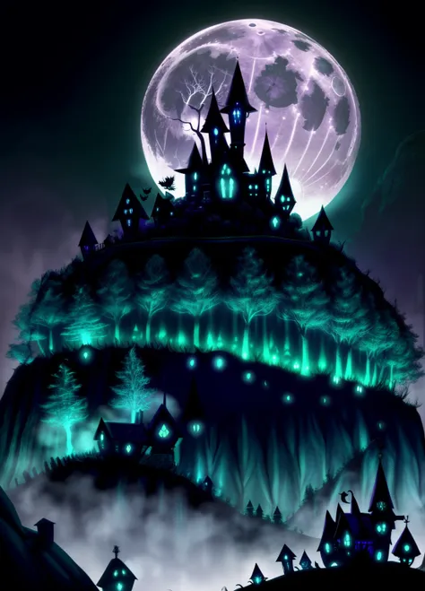 A mystical enchanted village nestled in a lush enchanted forest, the full moon rising majestically from behind the rolling hills, casting a ethereal glow across the tranquil night sky, Halloween night ambiance, intricate details, ultra-detailed, highly rea...