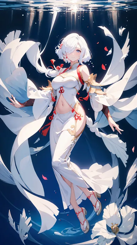 (( hair covering one eye )),Full body portrait,Floating,Mature,Sexy, anime woman in white Hanfu, ((Wedding Dress)),belly button,There are lots of pleats on the edge of Hanfu ,translucent,Smile,White hair, Breaststroke in an underwater pool , horizontal ...