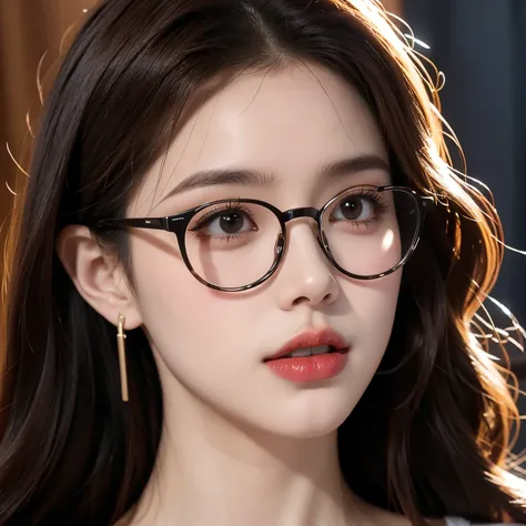 slightly curly hair, Frameless glasses, Small spots under the corners of the mouth , / Notice the light purple earrings , Mouth slightly closed, Red lips, surrealism , high detail, Strong contrast between light and dark, Film grain, panoramic, Ultra ...