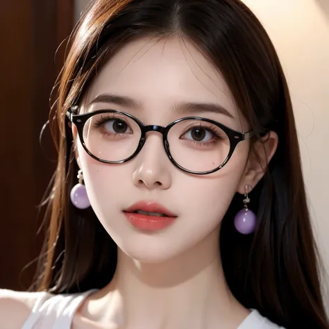 slightly curly hair, Frameless glasses, Small spots under the corners of the mouth , / Notice the light purple earrings , Mouth slightly closed, Red lips, surrealism , high detail, Strong contrast between light and dark, Film grain, panoramic, Ultra ...