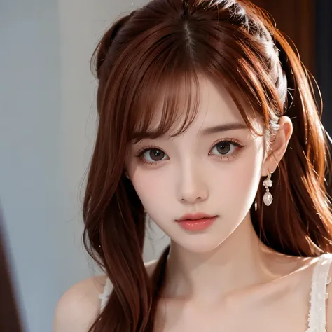 facial focus,Light red hair,High Ponytail,Beautiful earrings, shy expression