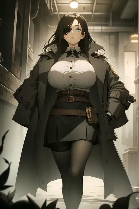 secret agent,hand gun,eyepatch,black hair,emerald eyes,gigantic breasts,long coat,blouse,skirt,pantyhose,dystopia,foggy,gothic steampunk, masterpiece,ultra quality,extreme detailed,absurdres,time stop,impact,volumetric lighting,cinematic lighting 