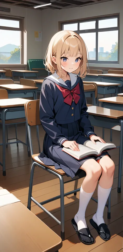 a short person sitting in chair reading book at school with flip flops on, 1girl, classroom, desk, bag, indoors, school uniform