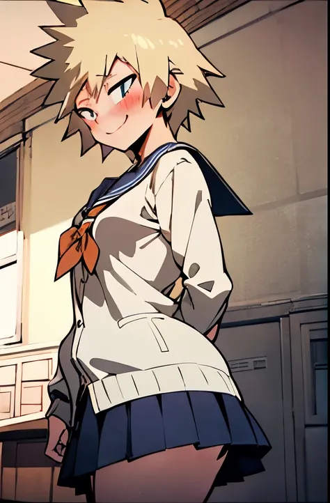 impish smile:1.4,blush:1.4,mitsuki bakugou,Honey blonde hair:1.4,(Elementary school girl:1.3),Laughter、((Femme fatale、Pervert girl))、school uniform, serafuku, pleated skirt, sailor collar, white shirt, (Yellow cardigan),