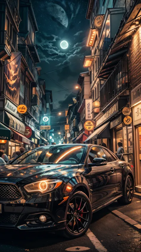 cars are parked on the side of the road at night, at night time, with glowing lights at night, it is night time, in city street ...