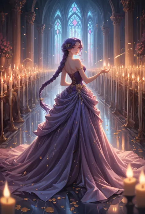 anime girl,  Beautiful Hair Very Long to the floor Tied with Gold Thread into a big Braid,  Beautiful Purple Corset ,  Elegant evening dress with starlight ,  Background Beautiful Hall with bright curtains , Many different candles of different colors ,  Very Beautiful floor with overflow of light , Game of Shadows, 8 k, bright colors,  complex details,  Maximum Quality , masterpiece, 