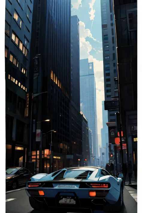 anime、illustration、high image quality、 kampala、one car、 deep blue lamborghini　miura sp400v 、 urban dusk 、skyscrapers、strong back...