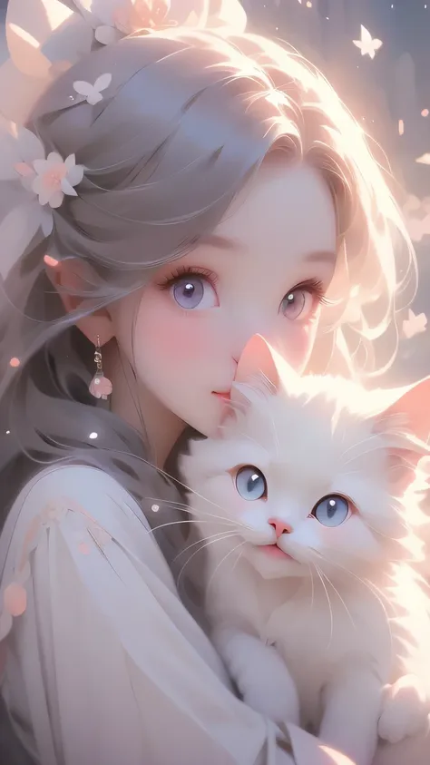 a cute cartoon girl, beautiful detailed eyes, beautiful detailed lips, extremely detailed eyes and face, longeyelashes, hugging a white cat, serene expression, soft lighting, colorful pastel palette, whimsical and imaginative style, beautiful detailed back...