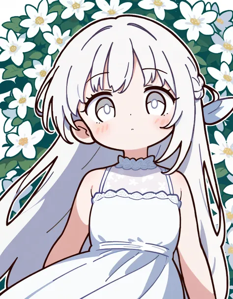 1girl, white hair, long hair, white eye, many white flower, front view, cute style, white dress