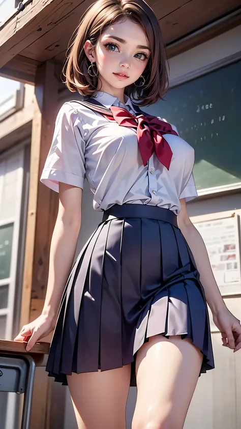 Popular idol image, (from below:1.2),(1girl, ultra detailed skin, short and slim,,beautiful breasts, large breasts, pale skin), (The pinnacle of popular idols:1.3), (Hyperrealist portrait,(8k),ultra-realistic, high detail, high resolution, best quality, ma...