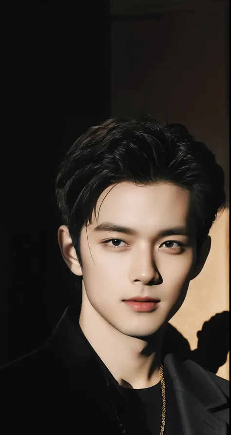 20 years old boy, Handsome man in cafe, sitting, lips smiling, wearing long black shirt, necklace accessory, handsome man style, black hair, middle part hairstyle, half body portrait, (best quality,4k,8k,highres,masterpiece:1.2),ultra-detailed,(realistic,p...