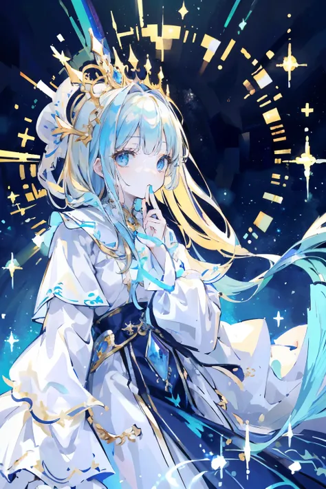 (8K, best quality, master piece: 1.2), super high resolution,15yo,ultra-detailed face,detailed eyes,Mouth slightly open,(long blonde hair) BREAK, holy priestess dress,long sleeves,The dresss includes an ultra-long skirt, intricate fantasy dress, ornate ruf...