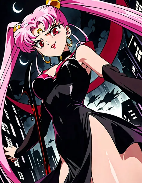 Wicked Lady from Sailor Moon, Pink Hair, Red eyes, , Black crescent moon mark on forehead, very evil smirk,beautiful body,shaded face(eyes in evil shadow),((masterpiece,best quality)), absurdes,black dress,upper body,beautiful face,,looking down at viewer,...