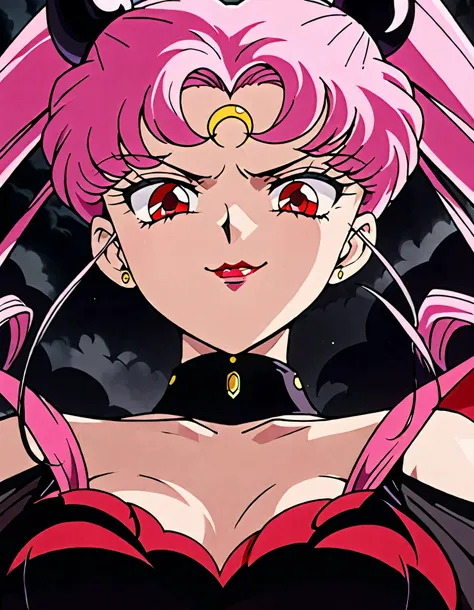 wicked lady from sailor moon, pink hair, red eyes, , black crescent moon mark on forehead, very evil smirk,beautiful body,shaded...