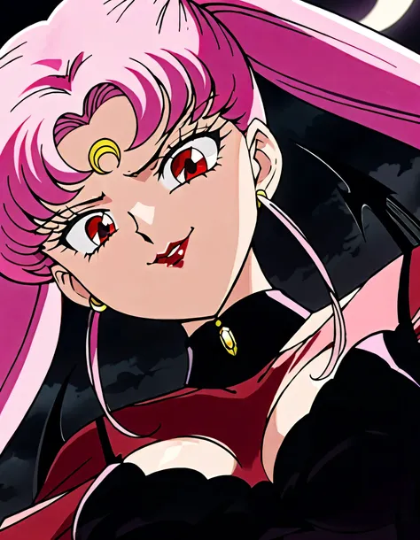 Wicked Lady from Sailor Moon, Pink Hair, Red eyes, , Black crescent moon mark on forehead, very evil smirk,beautiful body,shaded face(eyes in evil shadow),((masterpiece,best quality)), absurdes,black dress,upper body,beautiful face,,looking down at viewer,...