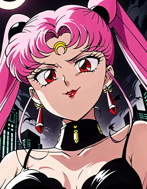 Wicked Lady from Sailor Moon, Pink Hair, Red eyes, , Black crescent moon mark on forehead, very evil smirk,beautiful body,shaded face(eyes in evil shadow),((masterpiece,best quality)), absurdes,black dress,upper body,beautiful face,,looking down at viewer,...