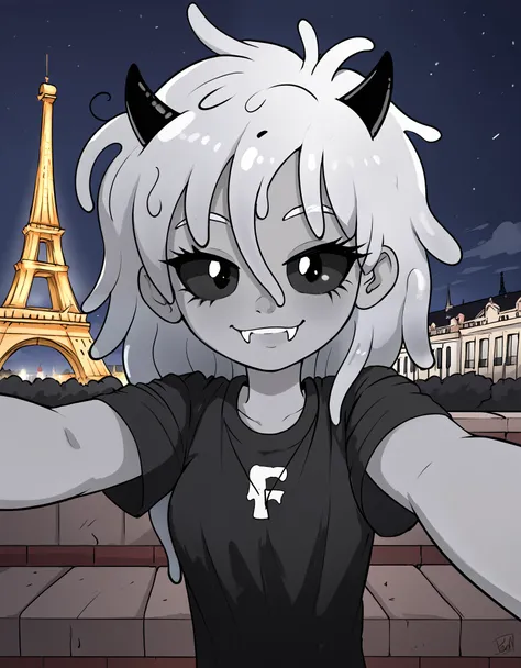 1girl, gray skin, slime girl, messy hair, hair spikes, horns, black eyes, black sclera, selfie, fangs, paris, outside, at night, france, detailed, dynamic, cute, black dress