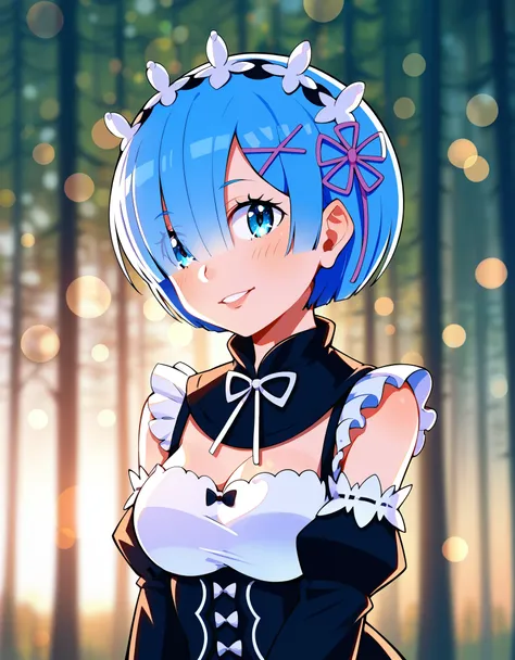 score_9, score_8_up, score_7_up, 1girl, ((rem, re zero, blue hair)), head tilt, portrait, forest, ((bokeh, blurred background))