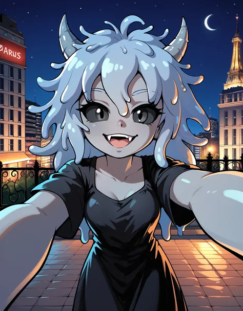 score_9, score_8_up, score_7_up, 1girl, gray skin, slime girl, messy hair, hair spikes, horns, black eyes, black sclera, selfie, fangs, paris, outside, at night, france, detailed, dynamic, cute, black dress