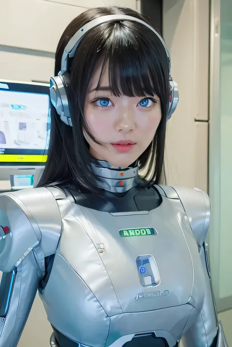 masterpiece, best quality, extremely detailed,  Japaese android girl,Plump , control panels,android,Droid,Mechanical Hand, Robot arms and legs, Black Robot Parts,Black hair,Mechanical body,Blunt bangs,White robotics parts,perfect robot girl,future informat...