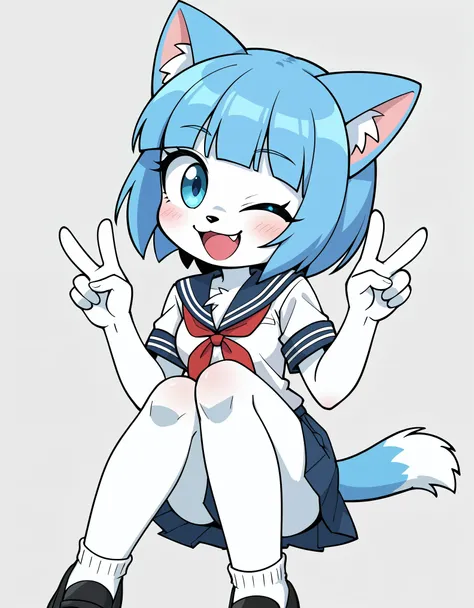 score_9, score_8_up, score_7_up, BREAK source_anime, anime screencap,, cute furry blue cat girl, blue hair, white fur, two tone fur, blunt bangs, short hair, light blue eyes, chest tuft, small breasts, wide chest, school uniform, school uniform skirt, smil...