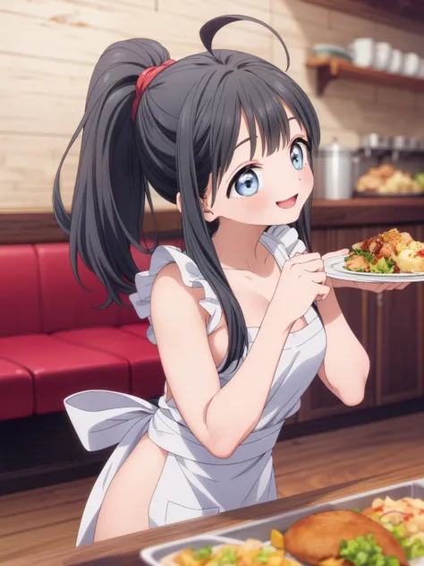 masterpiece, best quality , girl, Ultra Details , smaller,Large Breasts,  look up at viewers ,restaurant,AKEBI KOMICHI 、 Long Hair, Black Hair, Blue eyes,  ponytail, Ahoge, Yellow apron,smile,Serving food on tray,, opens her mouth、Accurate Fingers、 (Perfec...