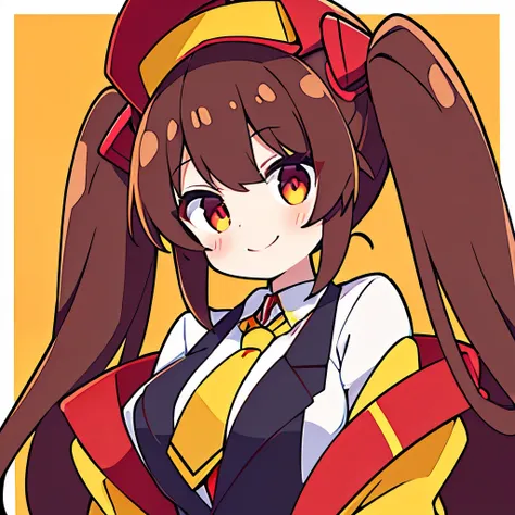 ((highest quality)) (be familiar with) HENTAI hentai erotic twintails narrow eyes erotic breasts 、brown hair 、red sunvisor 、yellow and red and yellow jacket、 white shirt 、blue necktie 、smile 、front design、Girl、big chest、black eye、eyes without light