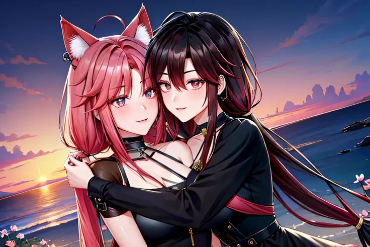 shoujo style, frosty style, (romantic manhwa), 2 girls, black cyclamen hair, solo, long braided hair, long braid, dress, red cyclamen eyes, mascara, makeup, elbow gloves, bra, jewelry, many ear piercings, viewer, clavicle, accessories, upper body, parted b...
