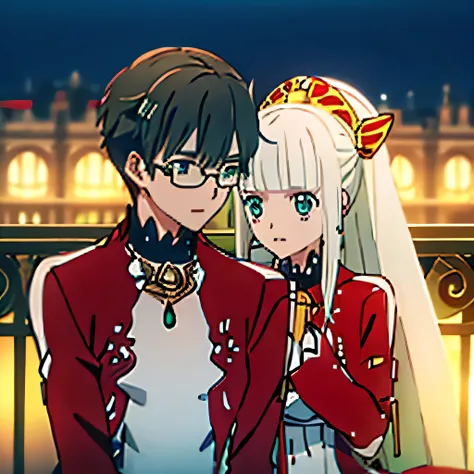 1 boy with black hair, Red jacket and glasses romantically kissing a girl in a red and white dress Long light green hair and green eyes, bright city at night in the background., True love, blushing cheeks, high quality, Lailah from Tales of Zestiria 