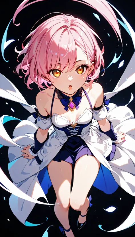  High image quality 、high quality、 one girl shaking her hips、 pink hair、 short hair、 golden eyes、Small breasts、 cleavage、 simple background、Fisheye Lens、Shooting from above、 The girl is looking at the camera、 face up 、Looking up、 High Heels 、White clothes、...