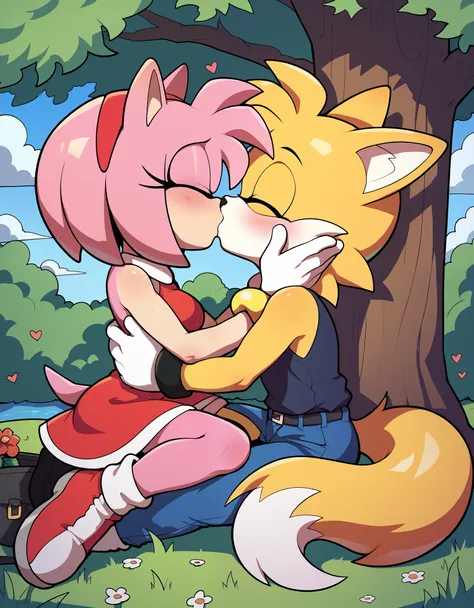 score_9, score_8_up, score_7_up, (masterpiece), finely tuned detail, 8k, Tails the fox (yellow skin), Amy rose (pink skin), (passionate kissing), park