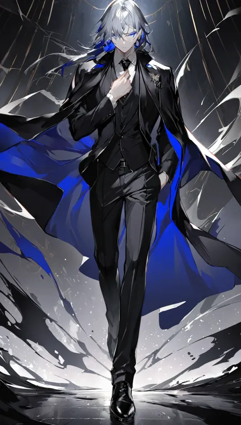 A young boy, donned in an elegant black suit reminiscent of classic mafia attire, occupies the scenes central focus. His silver hair gleams brightly, creating a striking contrast with his dark attire. A white mask cloaks his face, leaving only his eyes to ...