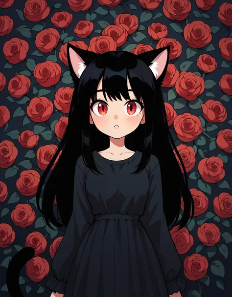 score_9, score_8_up, score_7_up, 1girl, black hair, long hair, red eye, many black flower, front view, cute, black dress, cat ea...