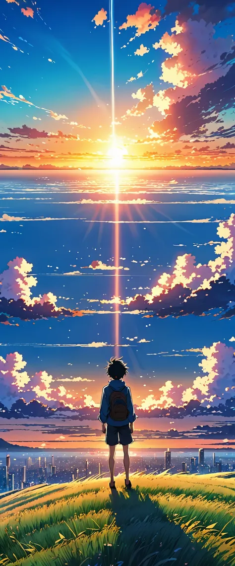 Anime landscape of The image shows a boy falling from the sky in the distance in the air, sunset, seen from afar, a beautiful colorful anime scene, seen from afar, a beautiful anime scene of peace, Makoto Shinkai Cyril Rolando, beautiful anime scene , amaz...