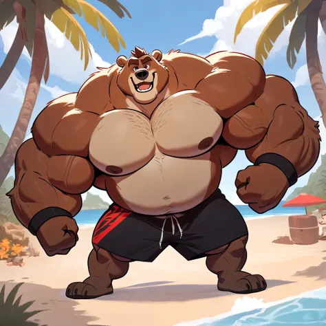 huge muscular kodiak bear in tropical island beach, big grunting expression growl, kodiak bear, huge brown fur, thick arm, huge ...