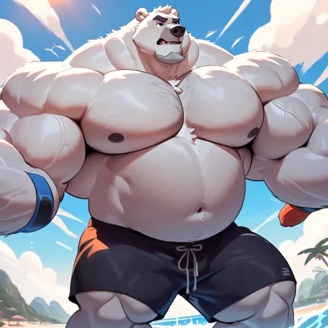 huge muscular polar bear in tropical island beach, big grunting expression growl, polar bear, huge white fur, thick arm, huge ar...