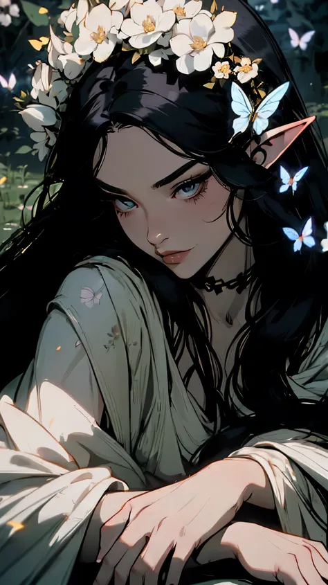 hyper-realistic of a mysterious woman with flowing black hair, piercing gold eyes, elf ears, and a delicate floral crown, delicate smile, whole body, sitting on the ground, white flowers arround, butterflies