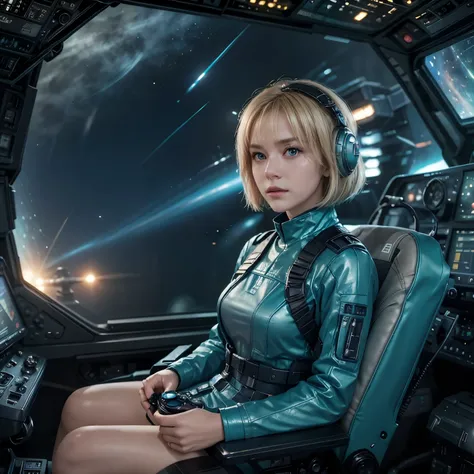 (best quality,photorealistic), arafed image of a Blonde woman in a sci - fiction scene, sitting in the cockpit, teal and grey uniform, bob cut hair, she is holding the controls, square enix cinematic art, movie promotional image, shot on imax, night time s...