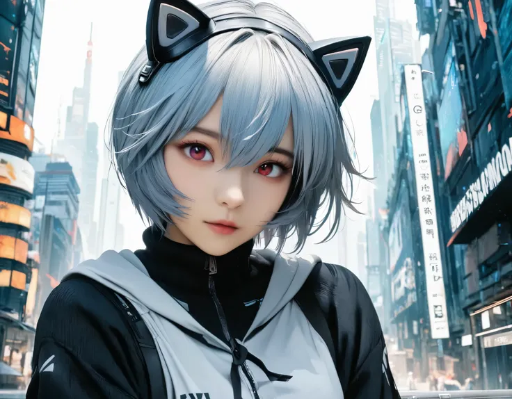 (best quality, 8k, high resolution:1.2), 1girl, ayanami_rei, cat ear headphone, cyber city, upper body