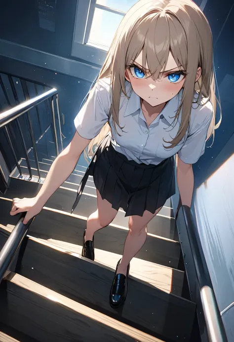  climb the stairs、 1 girl、 black loafers、Angle of view reflecting the foot 、Very light brown hair、 long hair、white short sleeve open collar shirt 、 length to stand upright in a dark classroom at night、Stern look、Angry Eyes、 climbing stairs、Ultra-definition...