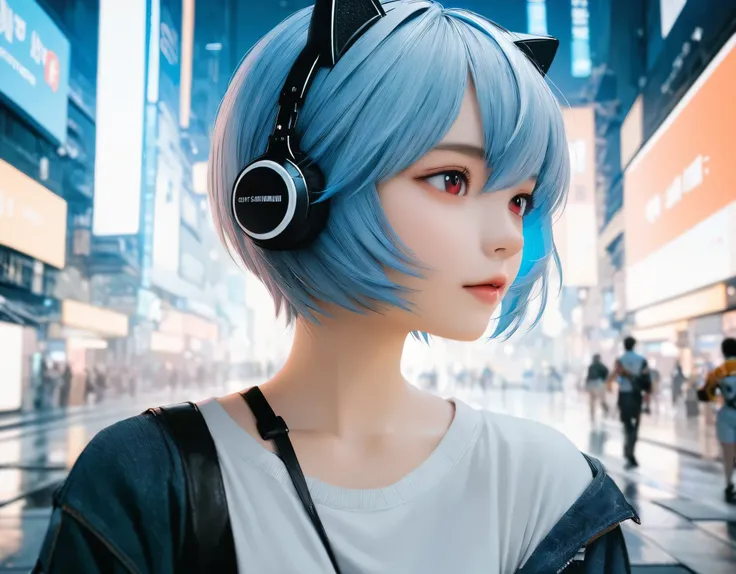 (best quality, 8k, high resolution:1.2), 1girl, ayanami_rei, cat ear headphone, cyber city, upper body