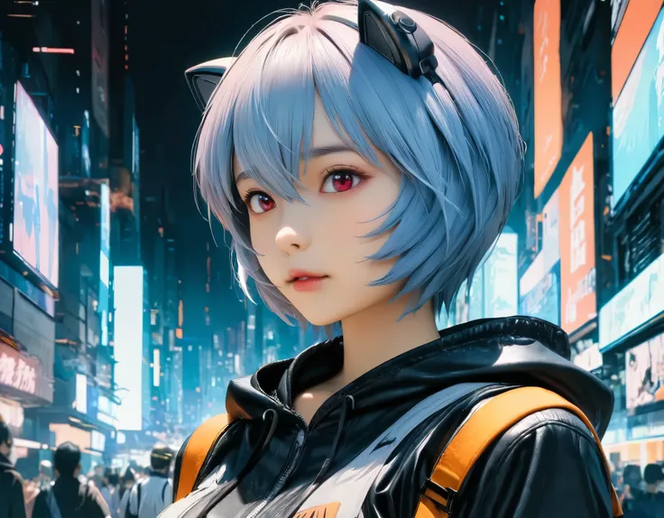 (best quality, 8k, high resolution:1.2), 1girl, ayanami_rei, cat ear headphone, cyber city, upper body