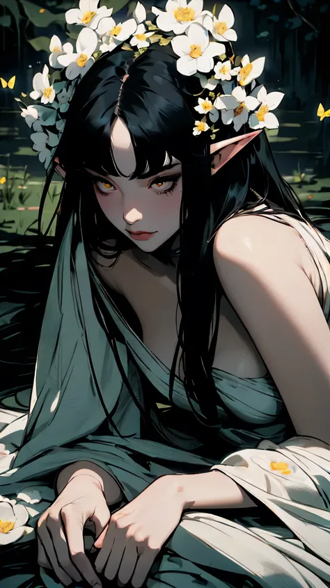hyper-realistic of a mysterious woman with flowing black hair, hair with bangs, piercing yellow eyes, elf ears, and a delicate floral crown, delicate smile, whole body, sitting on the ground, white flowers arround, butterflies