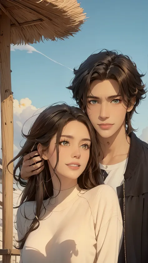  masterpiece , animated, cute, beautiful, romantic, The best quality, 2otros, couple, maduro, adult, height difference, different fashion, different color, Casual clothing, long sleeves, smile, happy, amar, rotating wind, blue sky, Man with long hair, Man ...