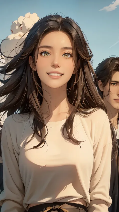 masterpiece , animated, cute, beautiful, romantic, The best quality, 2otros, couple, maduro, adult, height difference, different fashion, different color, Casual clothing, long sleeves, smile, happy, amar, rotating wind, blue sky, Man with long hair, Man ...