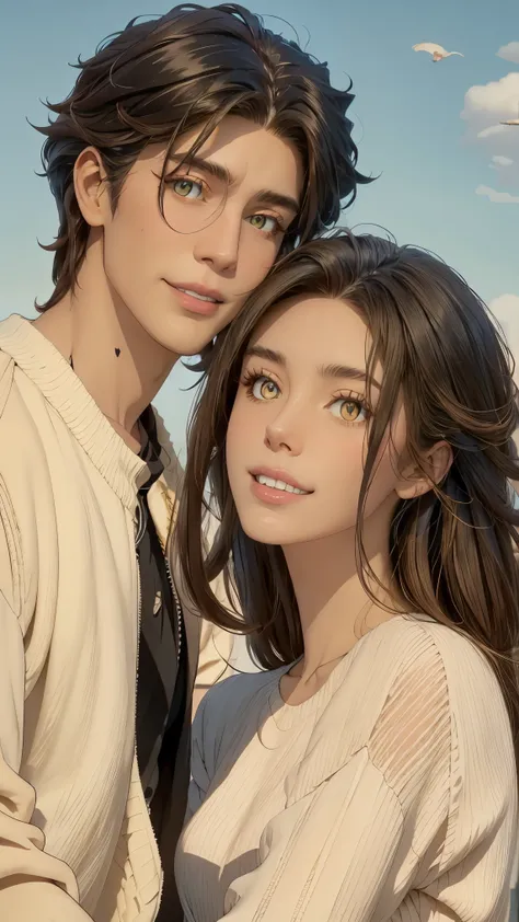 masterpiece , animated, cute, beautiful, romantic, The best quality, 2otros, couple, maduro, adult, height difference, different fashion, different color, Casual clothing, long sleeves, smile, happy, amar, rotating wind, blue sky, Man with long hair, Man ...